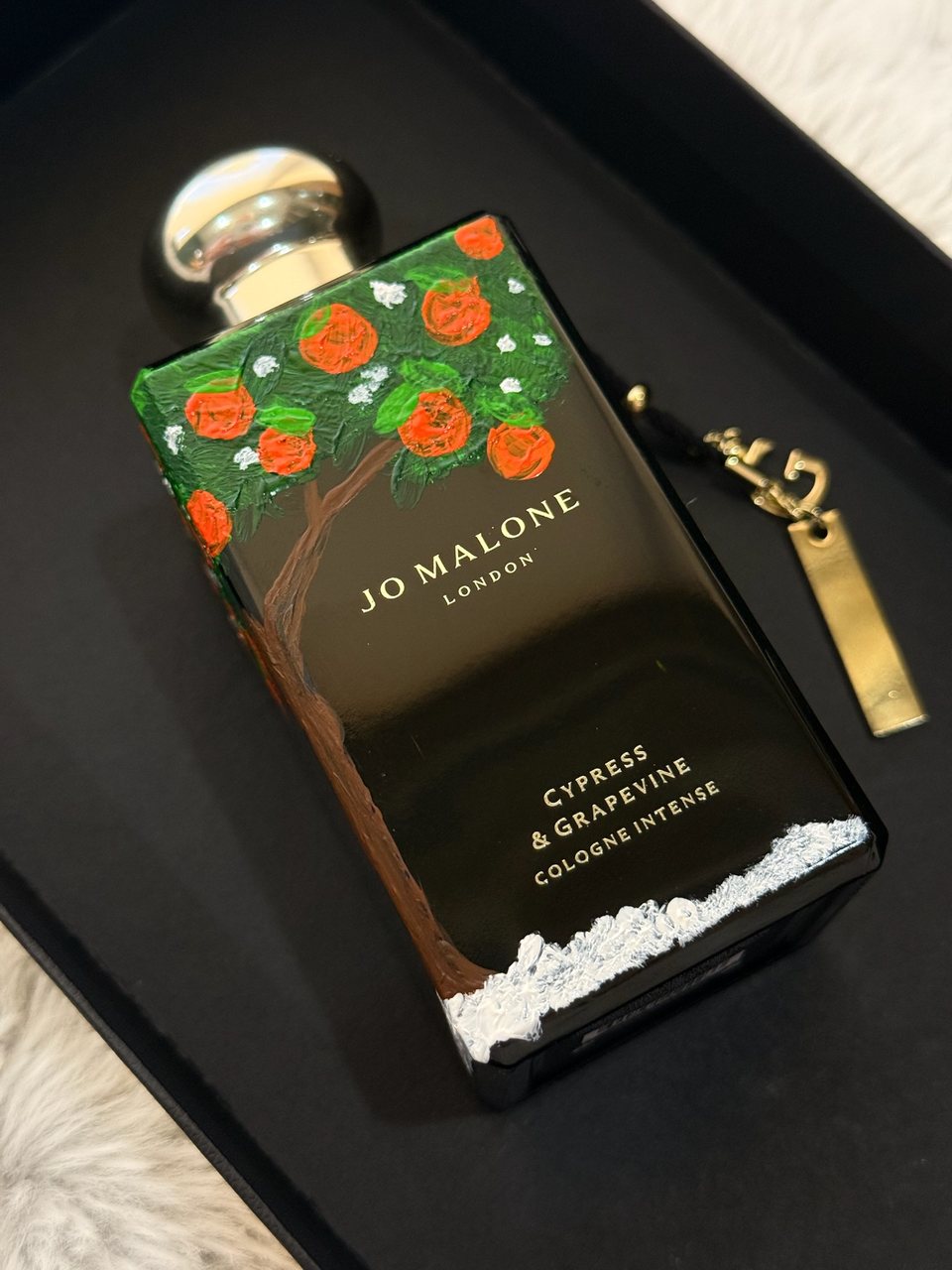 Hand-painted Jo Malone Cypress and Grapevine black bottle in presentation box